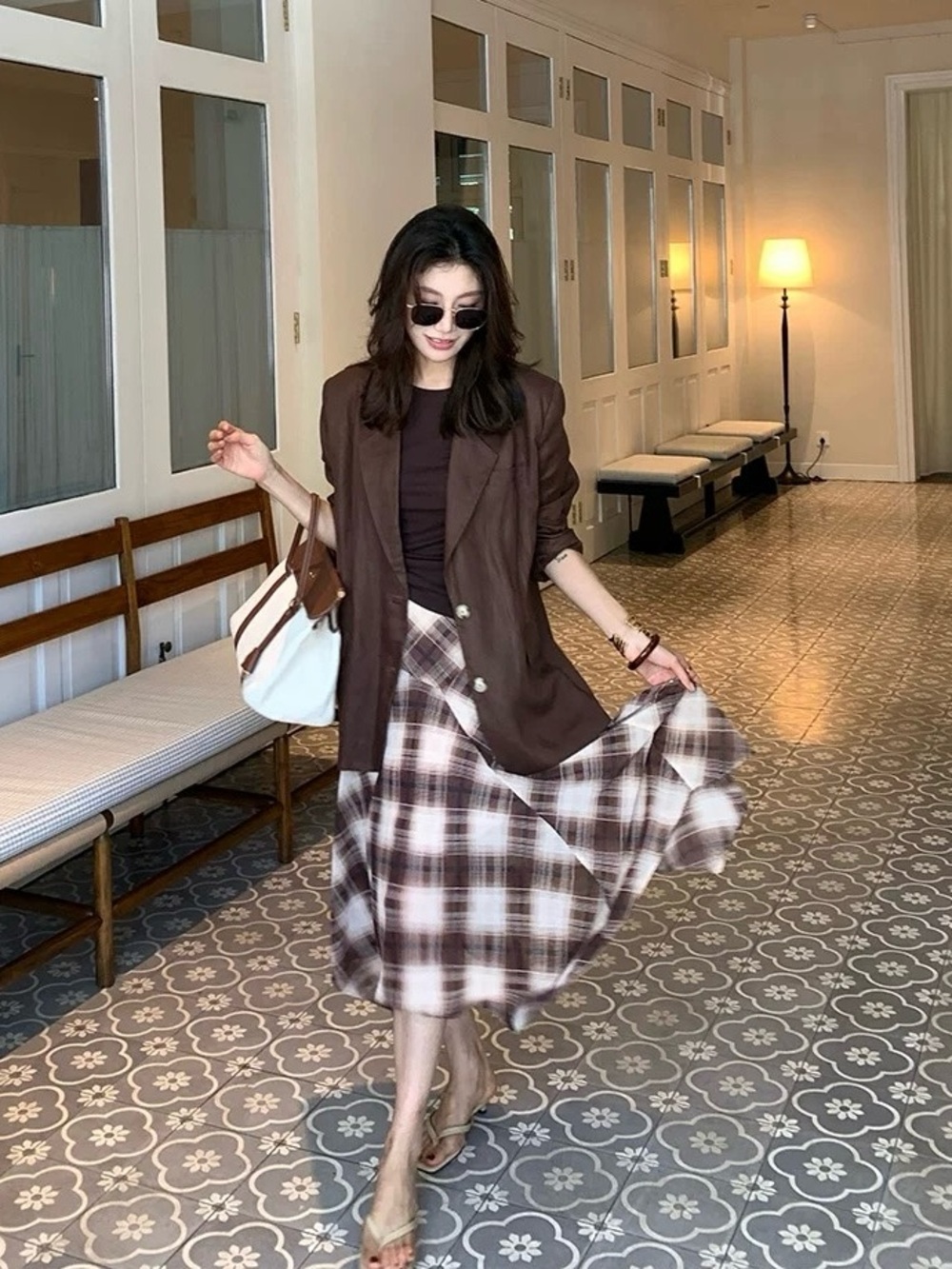 Plaid Handkerchief Hem Midi Skirt in Brown and Cream - Picture 4 of 8